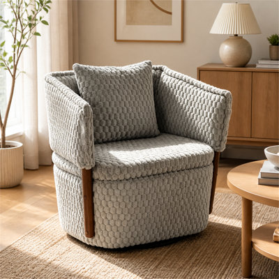 Fauteuil pivotant en bois massif de style moderne du milieu du siècle – Siège unique avec soutien lombaire rembourré et rangement ; convient au salon, à la chambre ou à la véranda