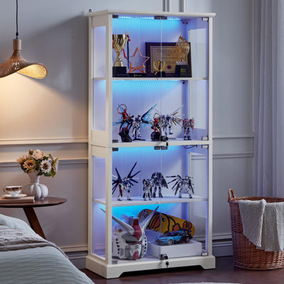 Farmhouse Display Cabinet with Glass Doors, Curio Cabinet with 3-Color LED Motion-Sensor Light (White)