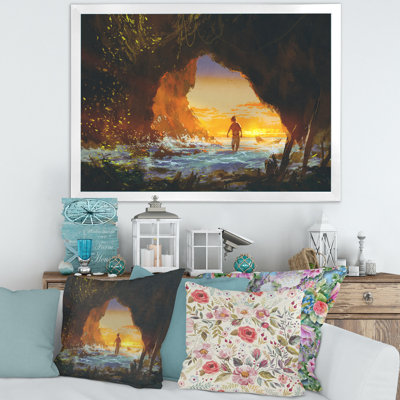 «The Man Walking in the Sea Cave at Sunset», peinture sur toile