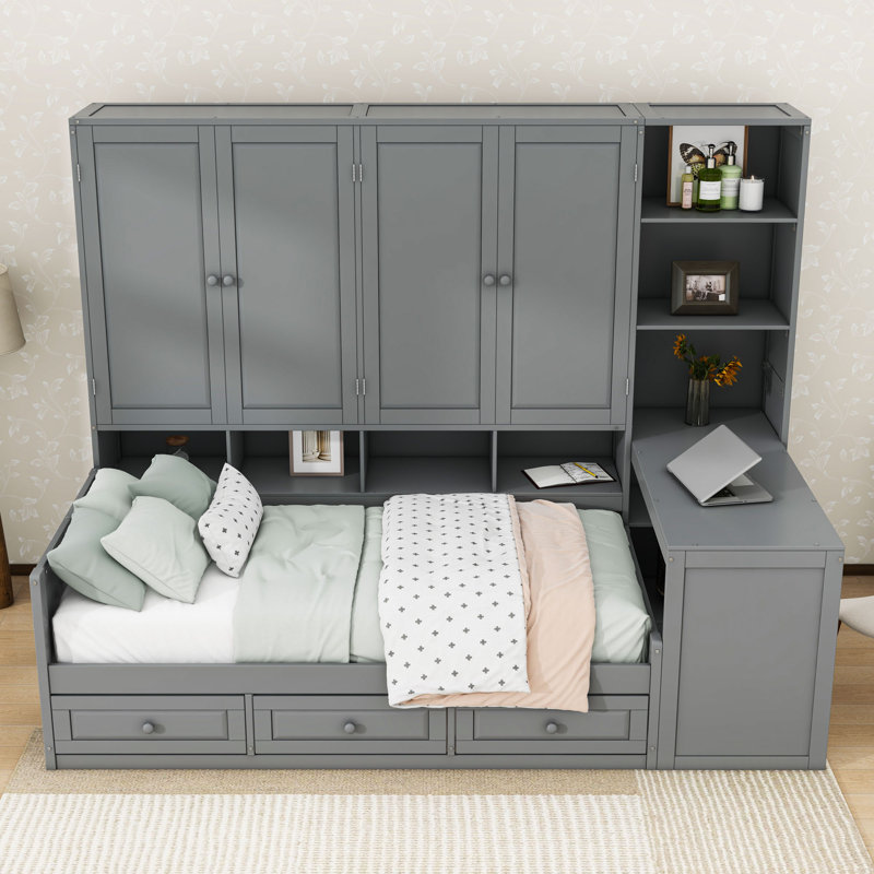 Lit de jour en bois avec bureau intégré, tablettes, armoire et tiroirs, Gris, Simple