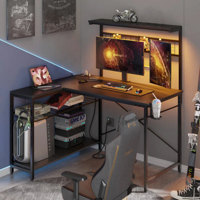 Zabarskaya Gaming Desk, Computer Desk with Power Outlets, LED Lights, Reversible Corner Desk with 4-Tier Shelves,Cup Holder & Hook Carbon Fiber