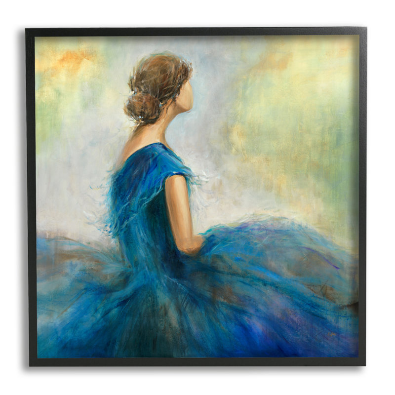 «Woman Billowing Blue Dress», peinture classique, H 12 po x l 12 po x P 1,5 po, Giclée encadrée noir minuit