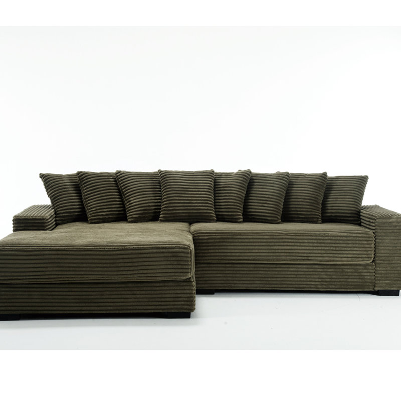 Canapé modulaire en velours côtelé de luxe avec méridienne gauche et 8 coussins décoratifs en forme de L, Vert