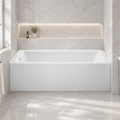 Baignoire en alcôve de 60 po x 36 po en acrylique blanc brillant, baignoire avec dossier ergonomique, base antidérapante et drain à gauche
