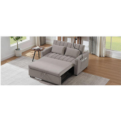 Canapé-lit double convertible de 55,9 pouces avec trois ports USB, deux poches latérales, deux porte-gobelets et un support pour téléphone pivotant à 360 °, beige