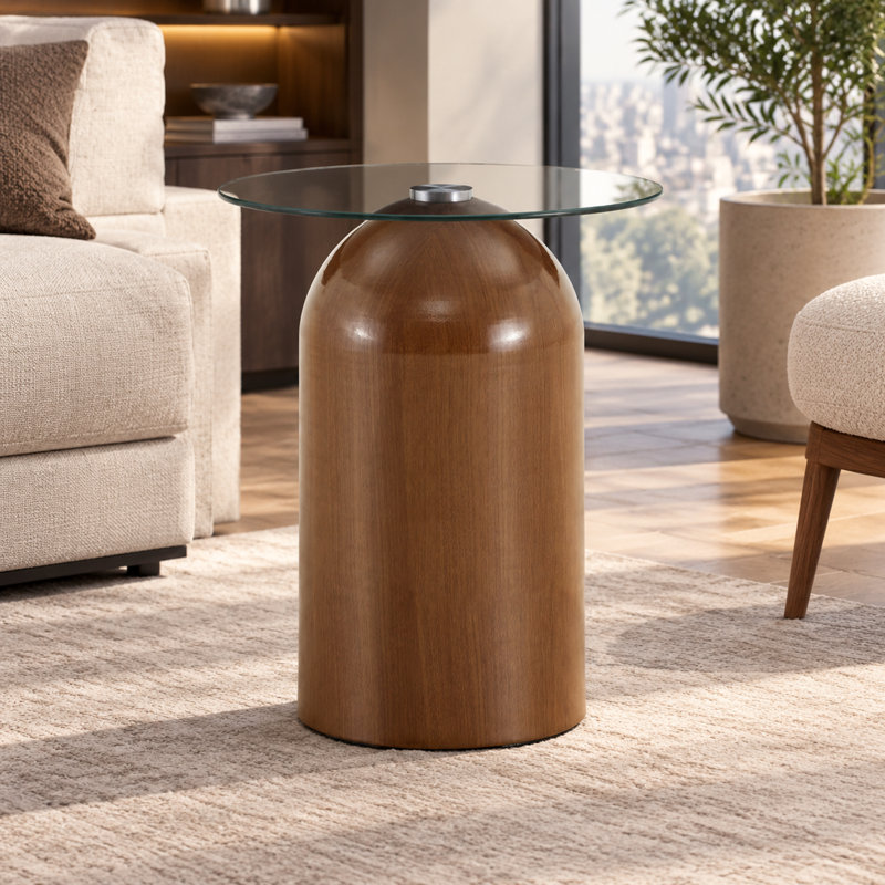 Table basse ronde en verre trempé avec piètement cylindrique
