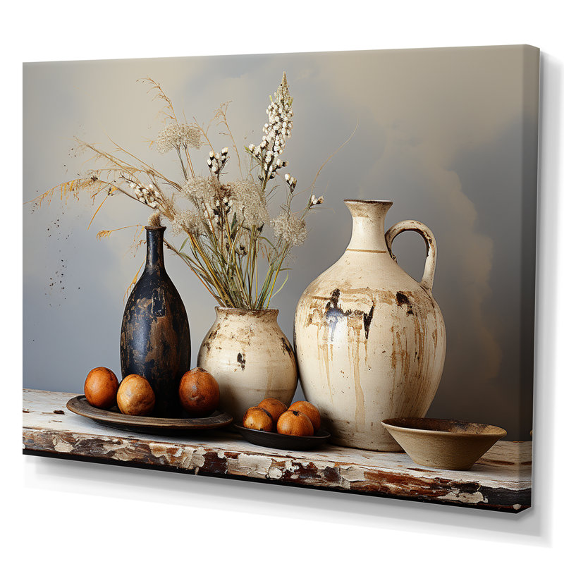 Art floral blanc rétro sur poterie, H 34 po x l 44 po x P 1,5 po, Toile tendue