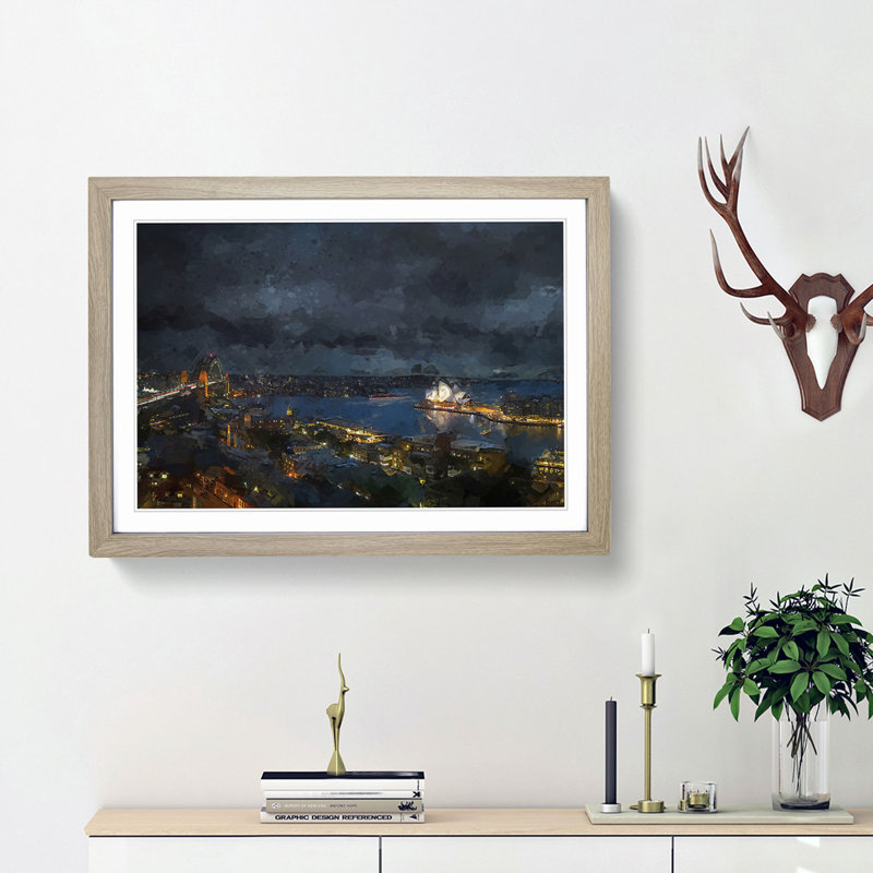 Sydney Skyline at Night in Abstract - Picture Frame Graphic Art Print, 62cm H x 87cm W x 2cm D, Oak Framed