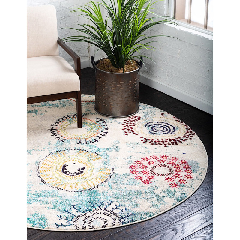 Tapis décoratif géométrique bleu Estelle, Rond 8 pi