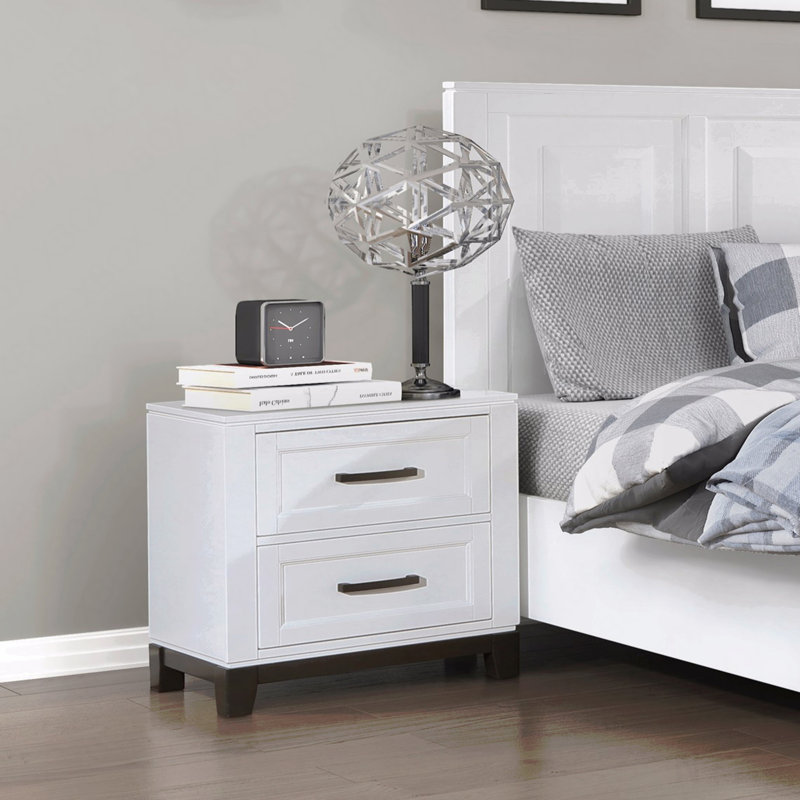 Table de chevet au fini blanc avec 2 tiroirs de rangement, meubles de chambre à coucher en bois, 1 pièce