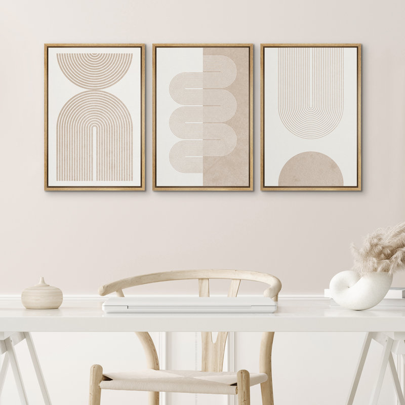 Mid Century Modern Boho Duotone Beige Abstract Shape Framed Canvas 3 Pieces Print Wall Art Neutral Decor