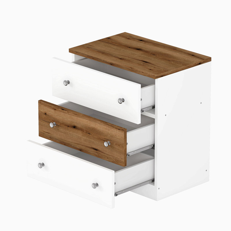 Table de chevet 3 tiroirs en bois avec design à blocs de couleurs et poignée en métal, table d'appoint en bois avec armoire de rangement pour la chambre à coucher
