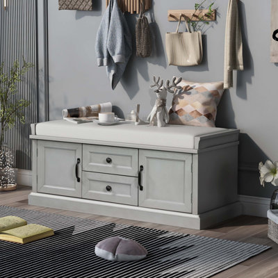 Storage Bench With 2 Drawers And 2 Cabinets, Shoe Bench With Removable Cushion For Living Room, Entryway