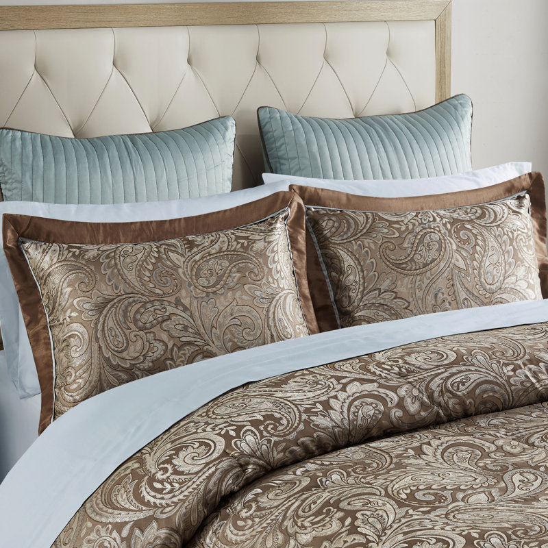Édredon 12 pièces pour lit très grand - bleu / brun avec draps 100% coton et motif cachemire élégant, Bleu / Brun