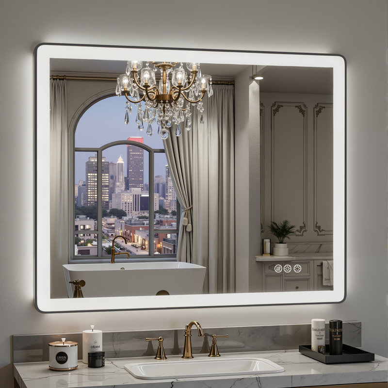 Miroir mural à DEL rétroéclairé et certifié Lunara UL avec cadre rond en aluminium noir et verre trempé avec garantie de 3 ans