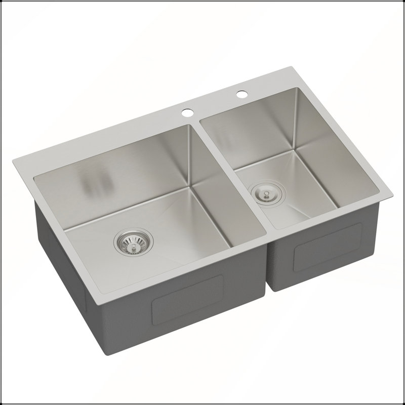 Évier double encastrable 60/40 à double cuve, 33 x 22 x 10 po, acier inoxydable de calibre 16 avec cuves profondes pour une utilisation efficace dans la cuisine