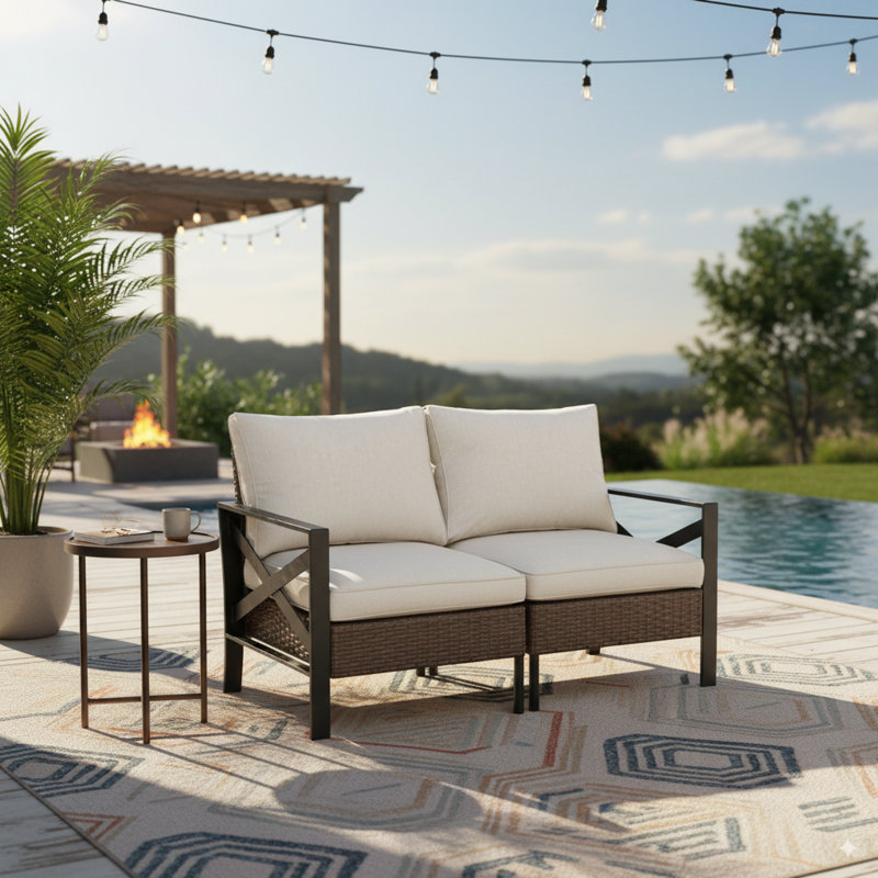 Outdoor 2-piece Loveseat With Beige Cushions
