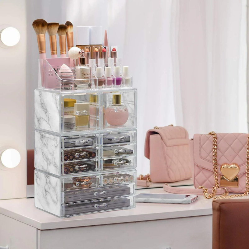 Marble and Clear Acrylic 12-Drawer Makeup Organizer Tower
