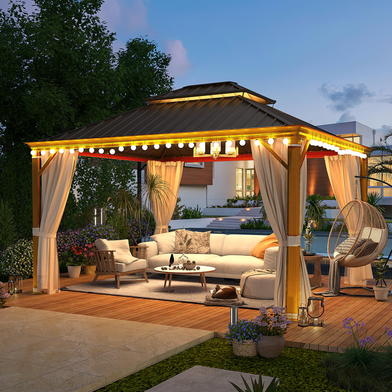 14 Ft. W X 12 Ft. D Aluminum Patio Gazebo With Easy Assembly Design, Woodgrain, 14′ W × 12′ D