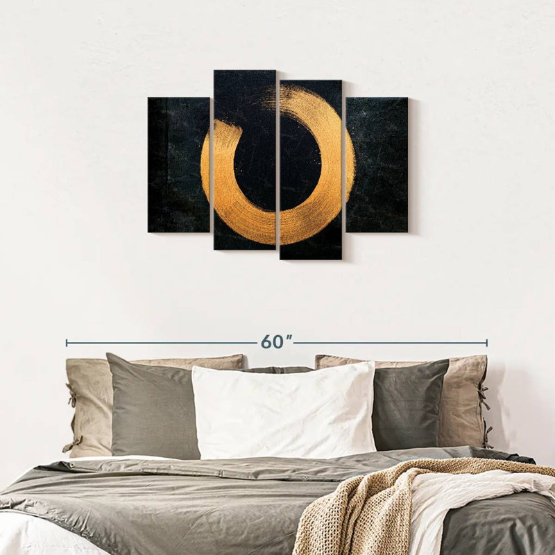 «Buddhist Symbols Golden Zen Circle on Canvas», reproduction de 4 pièces, H 27 po x l 43 po x P 1 po