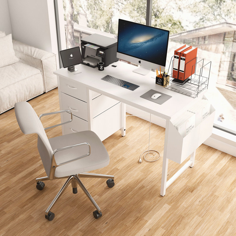 47.3"Office Desk With Power Outlet,3 Drawers,Side Pocket, Study Desk Easy To Assemble,Frame Stability Reversible For Home Desk, Company Computer Desk, Game Table,Vanity Table