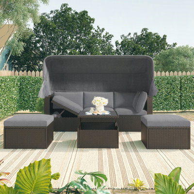 Outdoor Patio Rectangle Daybed With Retractable Canopy, Wicker Furniture Sectional Seating With Washable Cushions, Backyard, Porch by East Urban Home