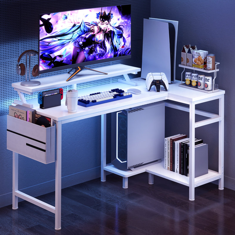 40IN L Shaped Desk with Shelf, LED Light & Power Outlet, Corner Computer Desk for Home Office, 30" H x 40" W x 31.5" D, White