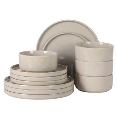  Service de vaisselle moderne en grès 12 pièces pour 4 personnes Moonstone, assiettes et bols gris