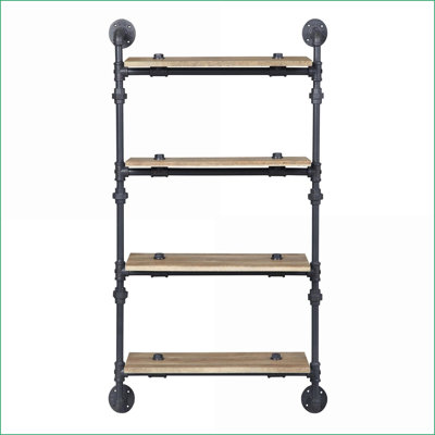 Tablette murale, chêne industriel à 4 niveaux et noir sable | Bois et métal | Espace de vie principal