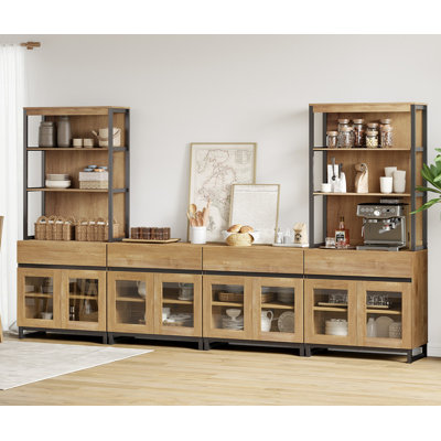 Modern Farmhouse Buffet Cabinet With 3 Tiers And 4 Cabinets, Wooden Sideboard With 4 Drawers And Glass Doors For Dining Room Or Kitchen