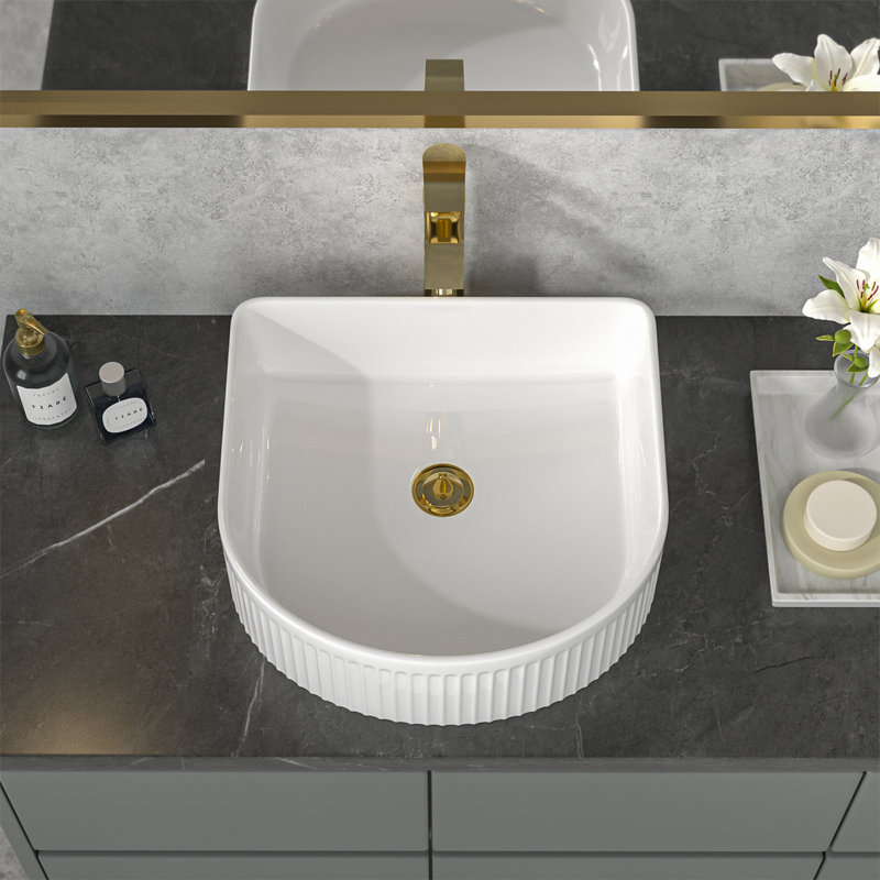 15.7" L x 13.7" W Bathroom Sink White Ceramic U-Shape Vessel Sink with Decorative Slotted Lines