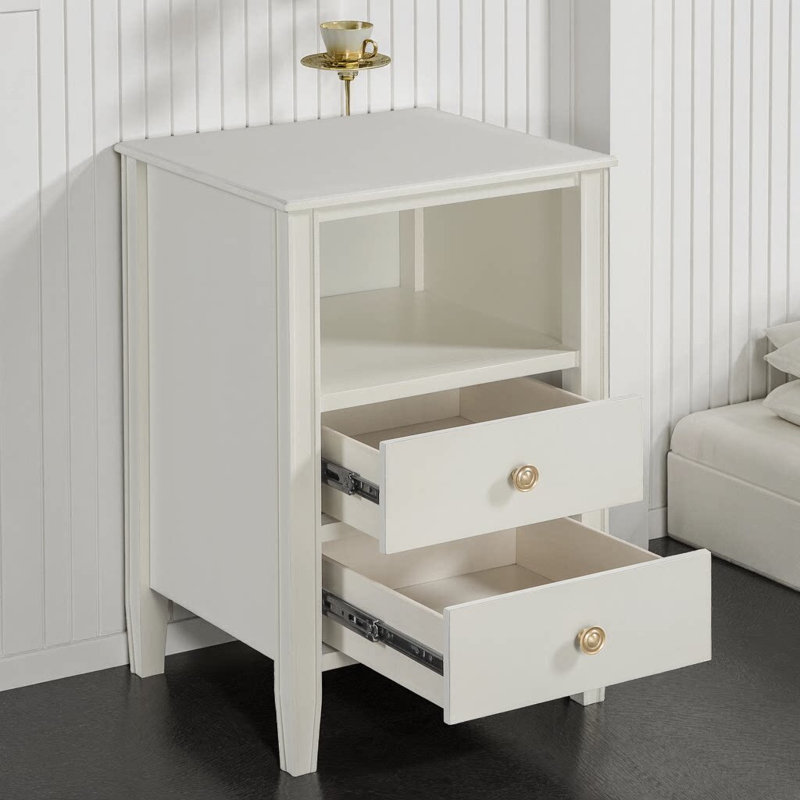 Winston 2-Drawer Nightstand with Open Shelf, Brushed Gold Knobs, Fluted Tapered Legs, No Assembly Required, White