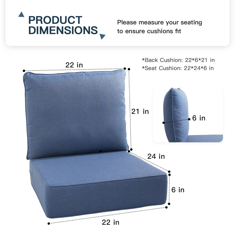 6" Outdoor Cushions For Patio Furniture, 22X24x6 Thick Seat Cushion Set Of 3, Fade Resistant Couch Chair Replacement Cushions High Density Deep Wicker Chair Cushion W/Removable Cover
