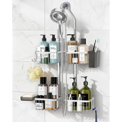 Support de douche réglable - Argent - Organisateur de salle de bain antirouille pour pommes de douche à main avec panier à savon, crochets et porte-brosse à dents