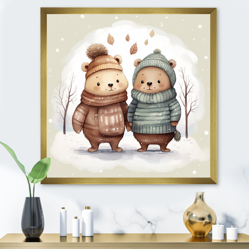 Charmant ours en peluche, ours d'hiver IV - art mural de l'ours en peluche, Cadre doré simple, H 30 po x l 30 po x P 1,5 po