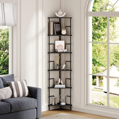 Étagère d'angle à 6 niveaux - Bibliothèque d'angle industrielle noire avec cadre en métal, présentoir et support pour plante pour le salon, la chambre à coucher et le bureau à domicile
