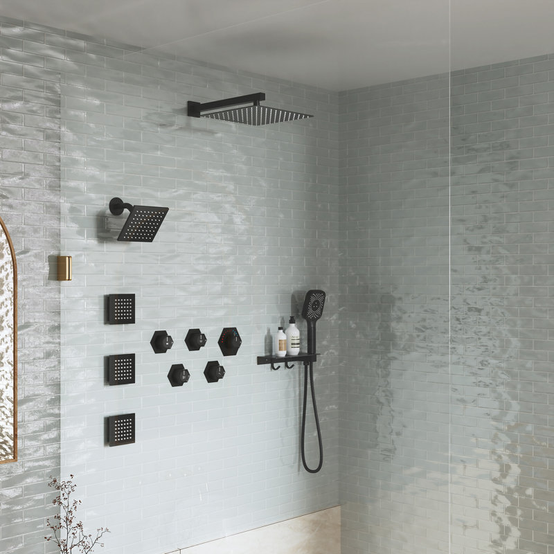 Wall Mounted Dual Shower Head Thermostatic Rainfall Shower System with 3 Body Jets and Storage Shelf, Matte Black