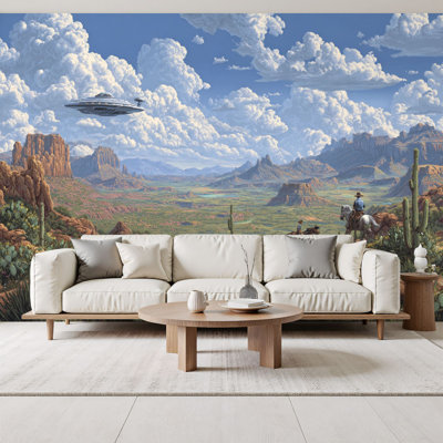 Papier peint adhésif autocollant rétro UFO Western UFO enlevant Cowboy Desert
