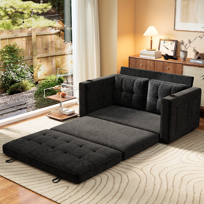 George 55" Upholstered Chenille Convertible Futon Sofa Bed, Fold-Out Loveseat Sleeper with Cup Holder and Storage Pockets