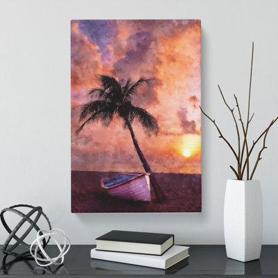 Palm Tree And Boat - Wrapped Canvas
