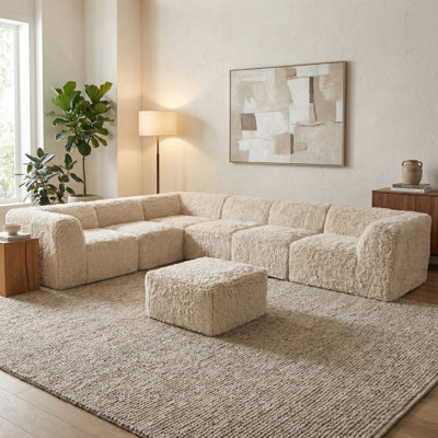 Nola 7-Piece Faux Fur Foam Modular Compressed Sectional Sofa With Ottoman