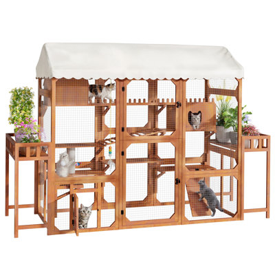 Thavor Large Outdoor Wooden Catio Enclosure  with Multi-Level Playpen, Plant Stands, Roof