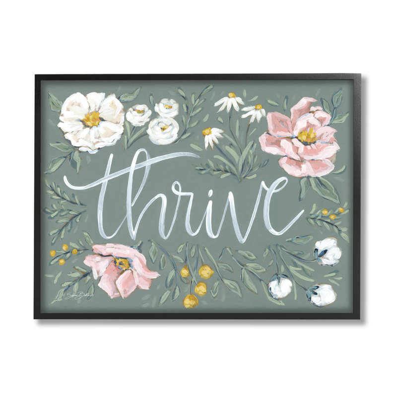 "Thrive", bordure florale encadrée sur bois par Sara Baker, impression, Giclée encadrée noir minuit
