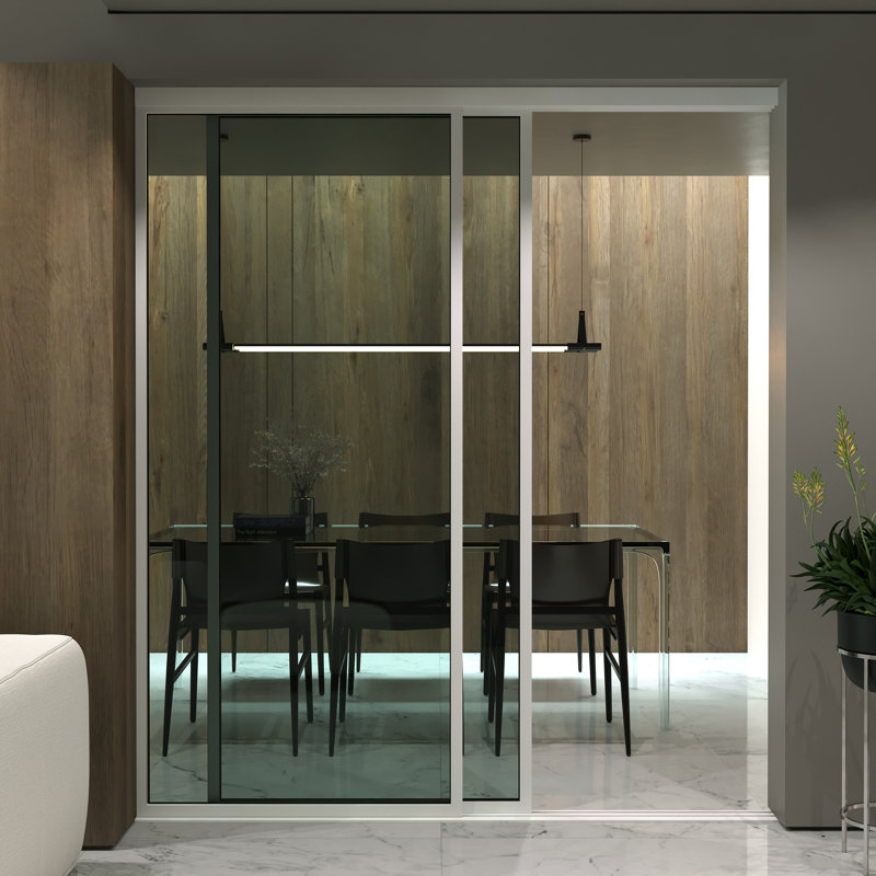 Cloison 2 panneaux coulissants en verre fumé LiteSm Cadre en aluminium avec technologie Silent Glide, 96" H x 72" W