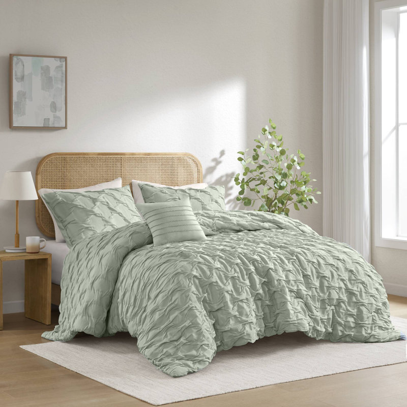 Ensemble d'édredon tissé anti-froissement Bailey Diamond Pucker, Vert, Édredon simple / simple TG + 1 taie décorative