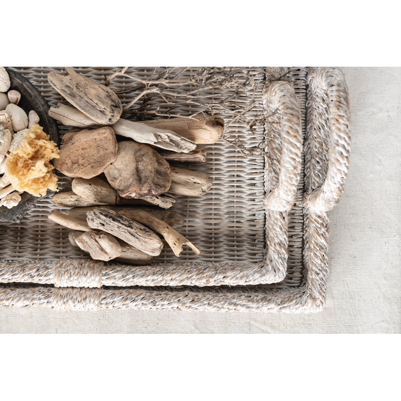 Whitewashed Rattan Decorative Trays with Handles, Set of 2
