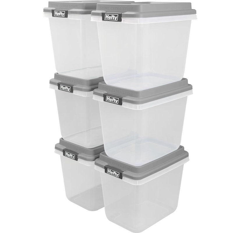 Paquet de 6 bacs de rangement en plastique avec couvercle Hefty Hi-RISE 32 pte, gris ciment, Gris ciment
