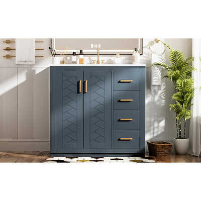 Meuble-lavabo 36 po, lavabo en céramique, structure en bois massif, portes, planches, rangement spacieux, style rétro, poignées en métal, motif unique, assemblage facile, rangement dissimulé de 36 po avec lavabo, fermeture en douceur