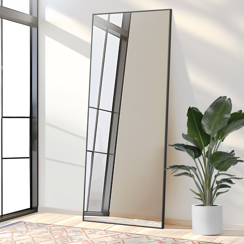 Lensa Rectangle Metal Full Length Wall Mirror with Embedded Bracket, Black, 79" x 35"