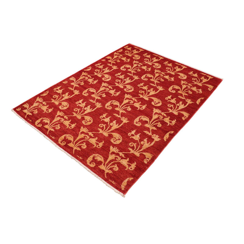 Tapis rouge / brun clair en laine noué à la main à motif floral 5 pi 2 po x 8 pi Mulhall
